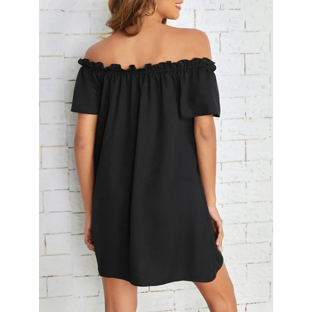 Boho Off the Shoulder Frill Trim mini Dress black - Picture 2 of 5